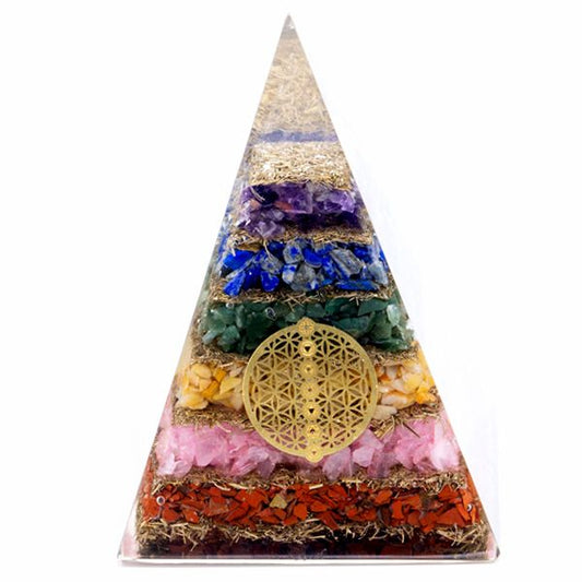 Orgonit pyramide – 7 chakra & livets blomst – 70 mm