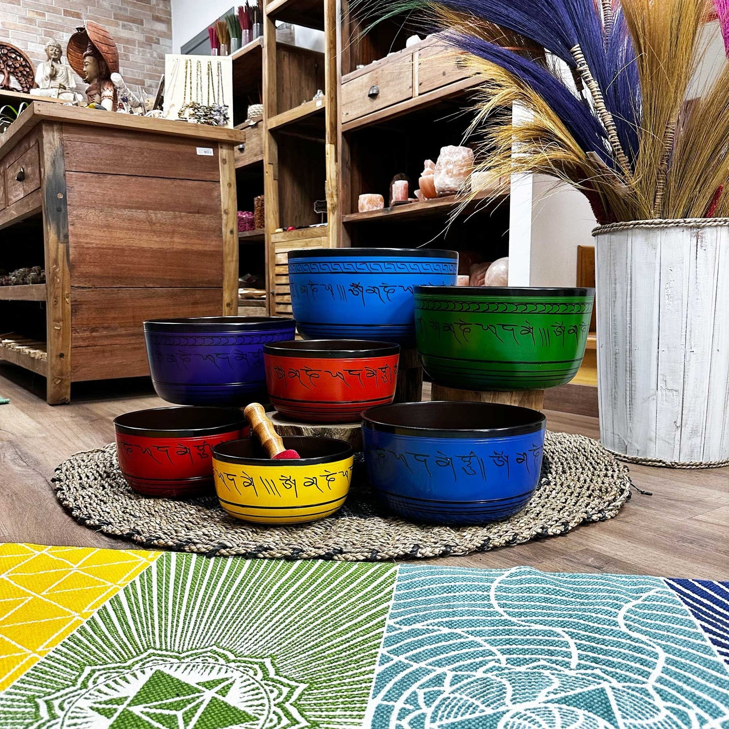 7 tibetanske syngeskåle til chakraer, 19,5–35 cm